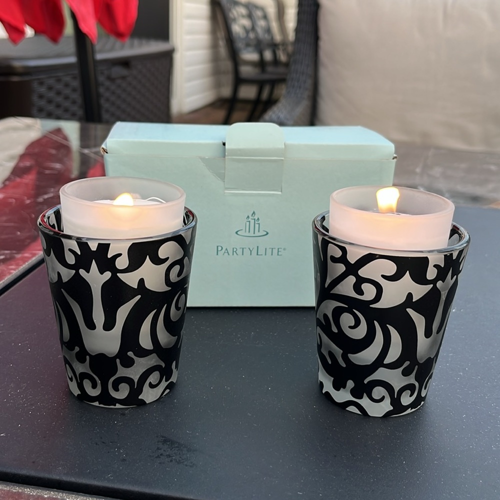 3” Tall PartyLite Black and White Swirl Votive Holder Two in box - Picture 2 of 4